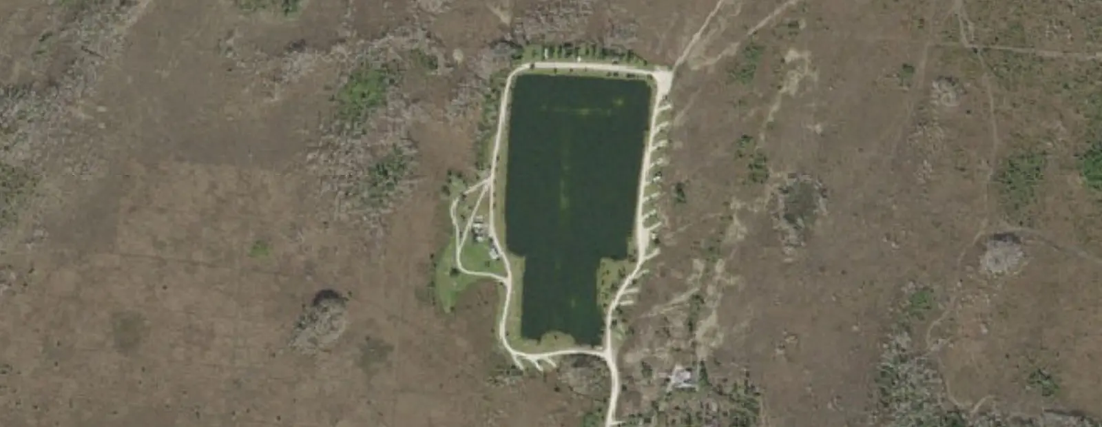 Satellite view of Monument Lake Campground, with its 38 sites marked