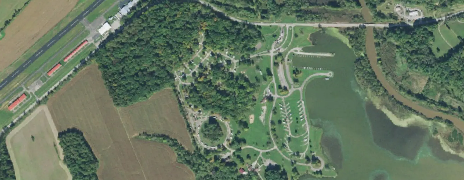 Satellite view of Rocky Fork State Park Campground, with its 170 sites marked