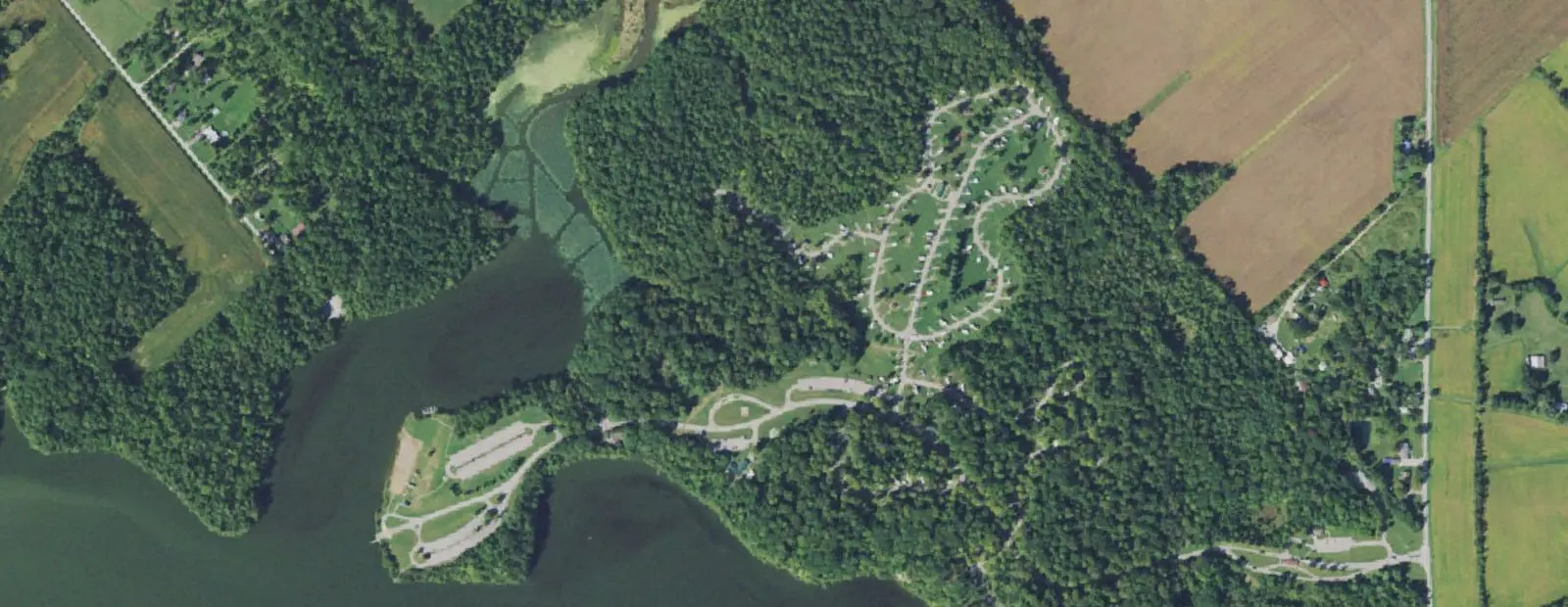 Satellite view of Cowan Lake State Park Campground, with its 252 sites marked