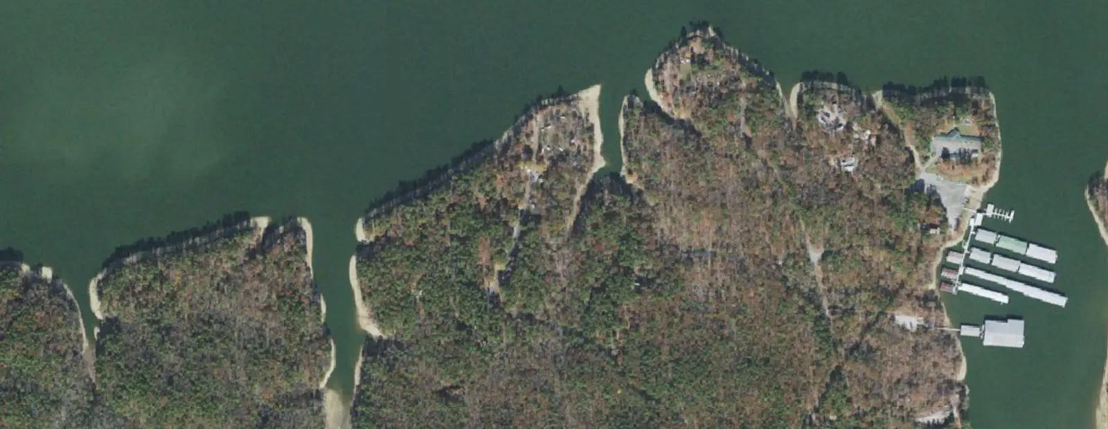 Satellite view of Denby Point Campground, with its 67 sites marked