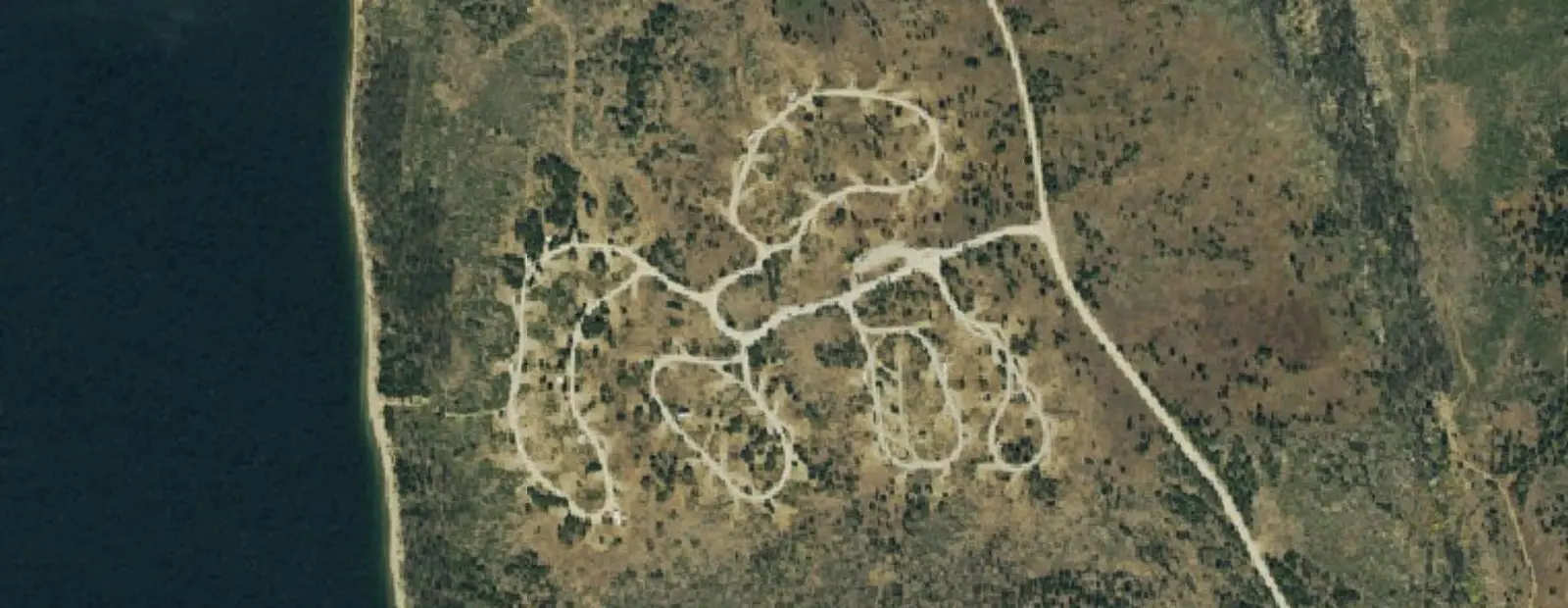 Satellite view of Prospector Campground, with its 104 sites marked