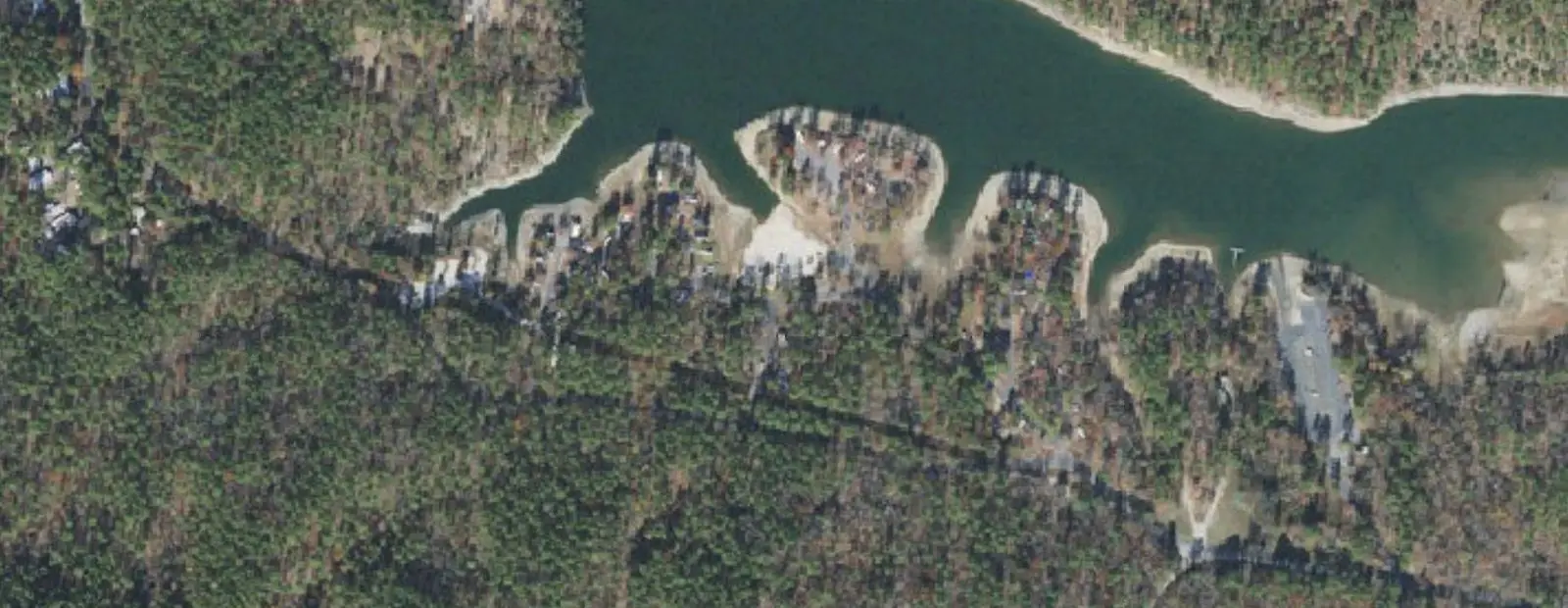 Satellite view of Crystal Springs Campground, with its 64 sites marked