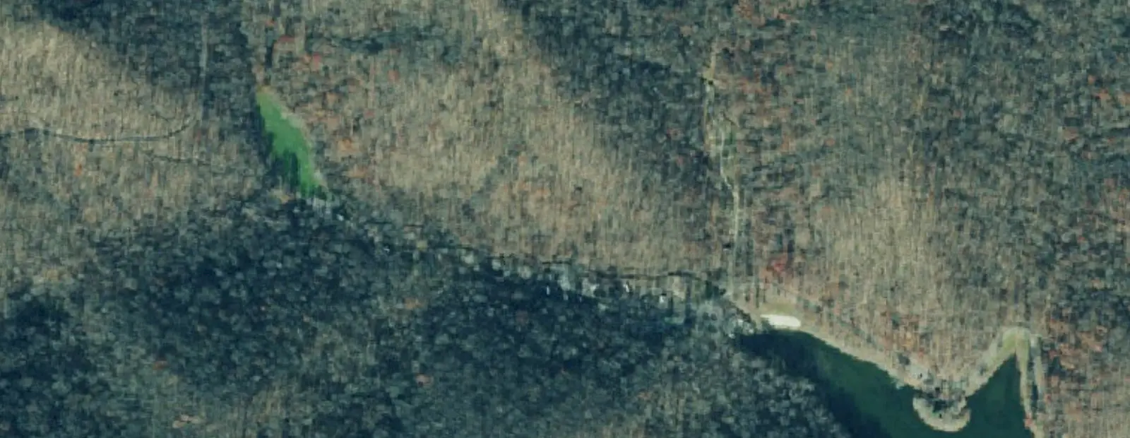 Satellite view of Caldwell Lake Campground at Scioto Trail State Park, with its 55 sites marked